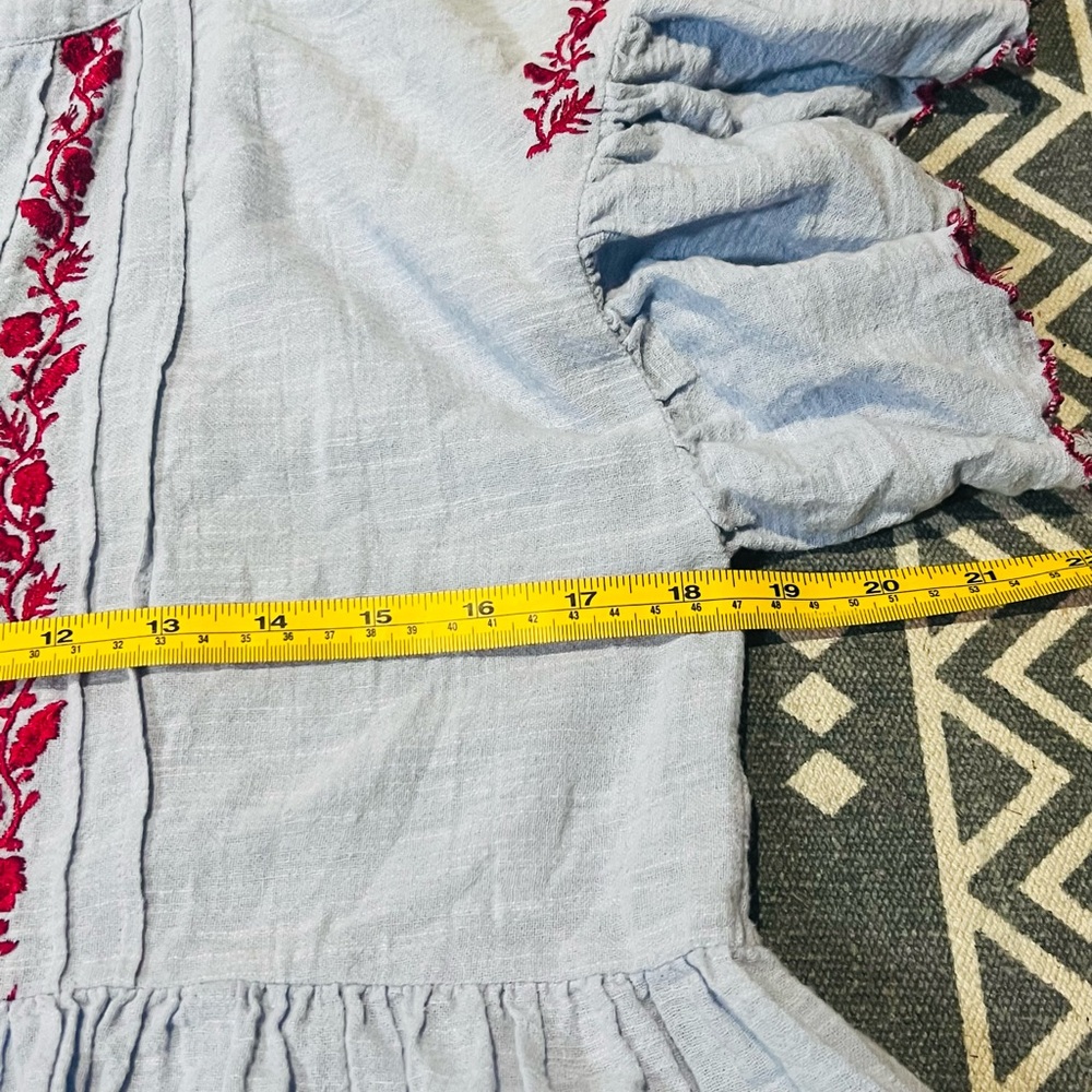 Free People Santiago Light Blue gauzy Dress with red Floral Embroidery S - Picture 7 of 8